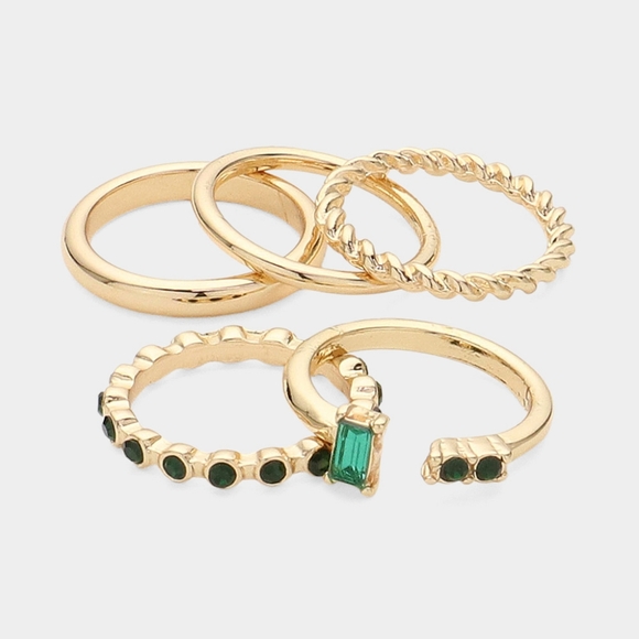 Green Metal Size 7 Stone Stackable 5 Piece Mixed Set Casual Ring Finger Jewelry - Picture 2 of 3